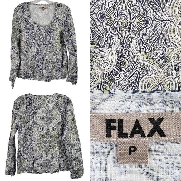 Flax Shirt Top Blue Green Long Sleeve Size Small Linen Paisley Boxy Lagenlook - Picture 1 of 9